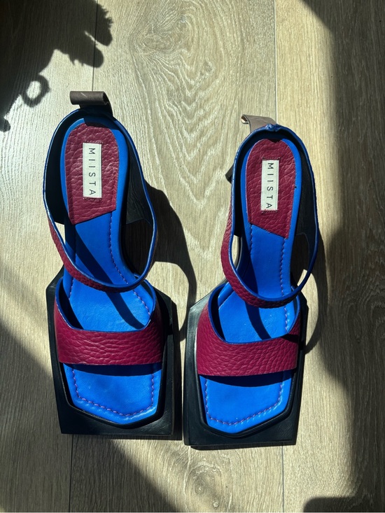 Miista Shoes - Miista Blue and Burgundy Leather Block Heel Sandals